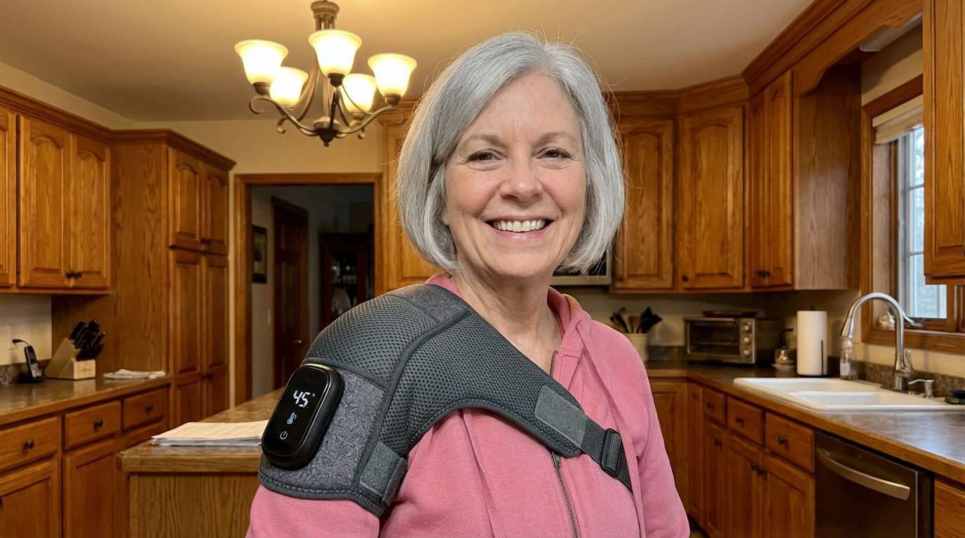 Woman finding relief from shoulder pain at home