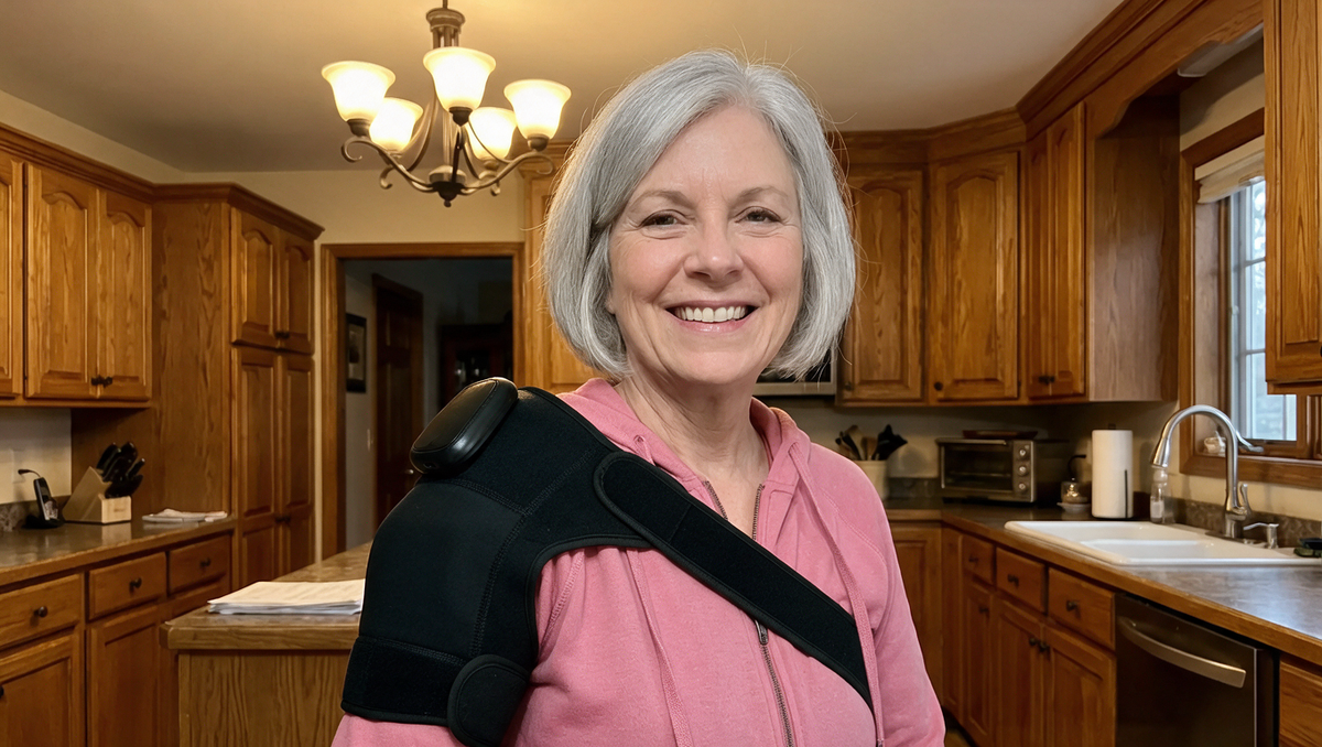 Woman finding relief from shoulder pain at home