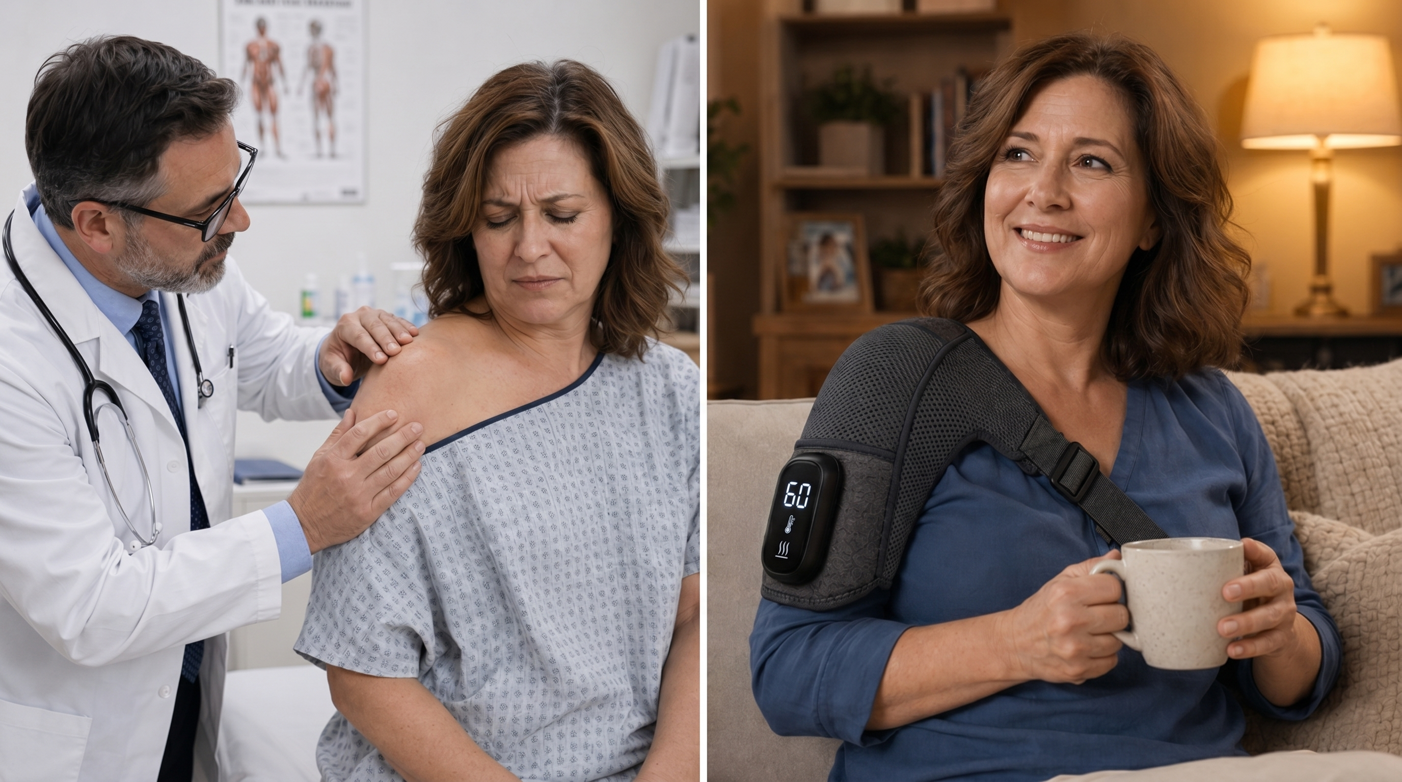 Doctor examining patient, then patient relaxed at home