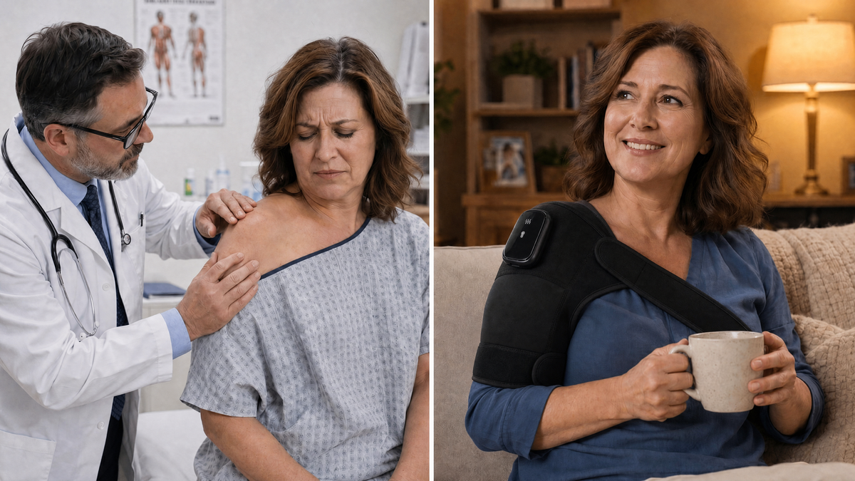 Doctor examining patient, then patient relaxed at home